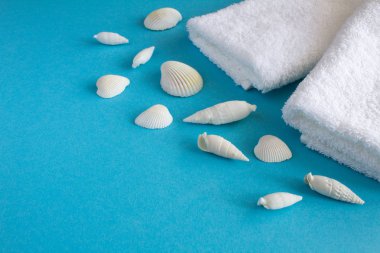 Beyaz havlu ve kabukları mavi zemin üzerine
