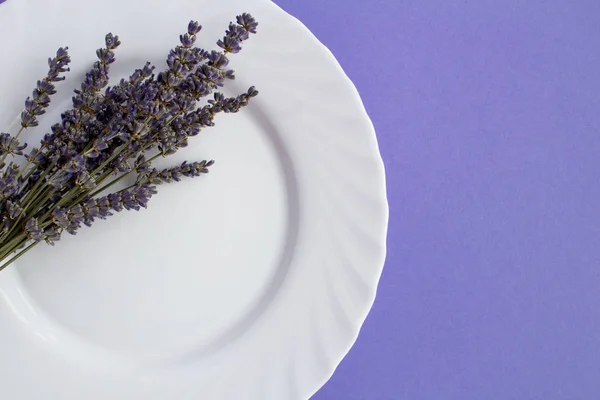 Table setting with the white plate and dried lavender on the purple background .Top view.Copy space.