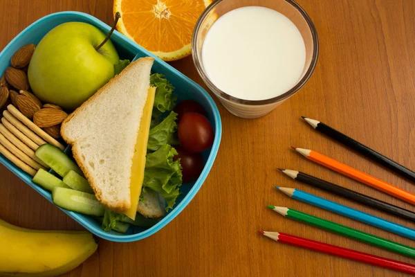 School Lunch Box Milk Glass Colorful Pencils Table Top View — Stock Photo, Image
