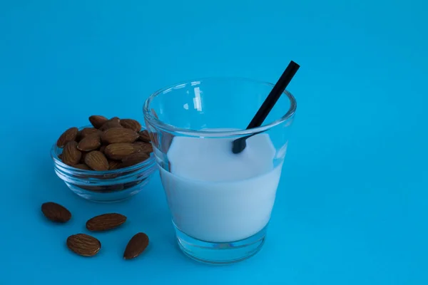 Almond Milk Glass Blue Background — Stock Photo, Image