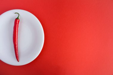 Kırmızı arka plan üzerinde beyaz plaka üzerinde bir biber şili. Üst te. Diyet minimal kavram. Kopyalama alanı.