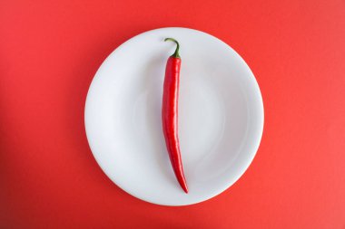 One pepper chile  on the white plate on the red background.Top view.Diet minimal concept.