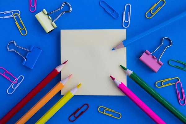 Top View Empty Blank Writing Color Pencils Clips Blue Background Stock Photo