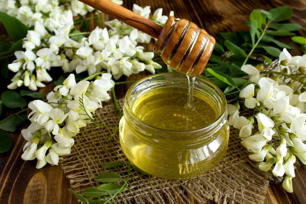 Honey Acacia Flowers Rustic Wooden Background — Stock Photo, Image