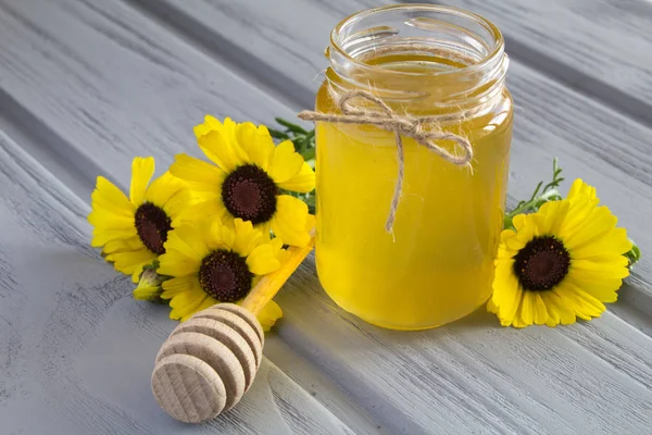 Honey Flowers Grey Wooden Background — Stock Photo, Image