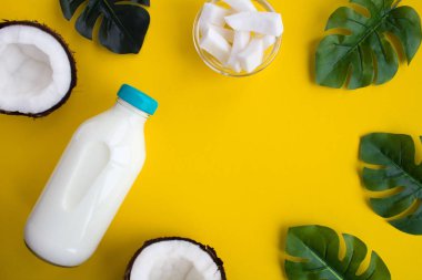 Hindistan cevizi sütü Sarı zemin üzerine cam şişede. Üstten Görünüm. Kopya alanı.