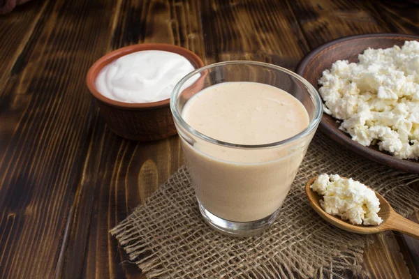 Homemade Ryazhenka Sour Cream Cottage Cheese Rustic Background Fermented Milk — Stock Photo, Image