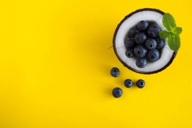 Sarı arka planda Hindistan cevizi ve yaban mersini. Üst görünüm.