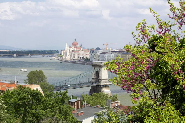 在春天的白天 可以欣赏到议会 城市和河流的全景 布达佩斯 匈牙利 — 图库照片