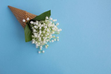 Mavi arka planda vadi zambaklı dondurma külahı. Güzel manzara. Boşluğu kopyala. Çiçek konsepti..