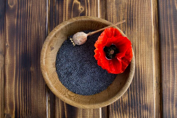 Poppy Seeds Brown Bowl Center Wooden Background Top View Copy — Stock Photo, Image