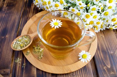 Kahverengi ahşap arka plan üzerinde kesme tahtası üzerinde papatya ile cam bardak Çay