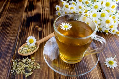 Kahverengi ahşap arka plan üzerinde papatya ile cam bardak Çay