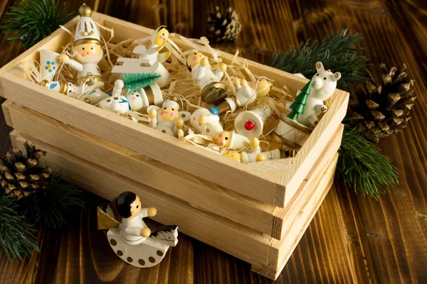 Christmas Toys Wooden Box Brown Background — Stock Photo, Image