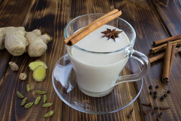 Tea Masala Glass Cup Ingredients Brown Wooden Background Closeup — Stock Photo, Image