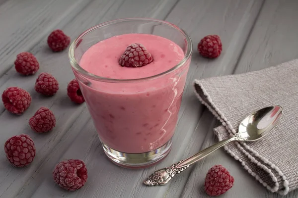 Yogurt Frozen Raspberries Grey Wooden Background — Stock Photo, Image