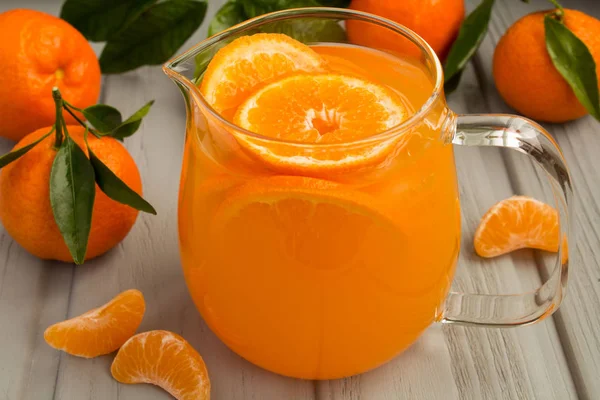 Drink Mandarins Glass Jug Grey Wooden Background — Stock Photo, Image