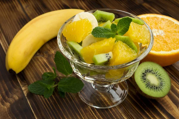 Fruit Salad Orange Kiwi Banana Ingredients Wooden Background — Stock Photo, Image