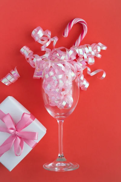 Christmas Composition Champagne Glass Gift Red Background Copy Space Top — Stock Photo, Image