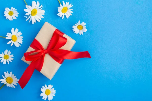 Gift box with red ribbon and white chamomiles on the blue  background. Top view.Copy space.