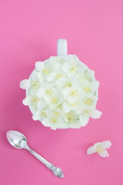 Yasemin çiçekleri pembe arka plandaki beyaz bardakta. Üst Manzara. Boşluğu kopyala.