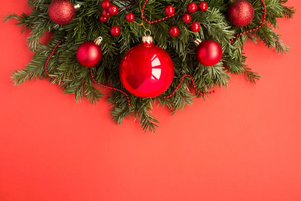 Christmas Composition Branches Spruce Red Balls Red Background Top View — Stock Photo, Image