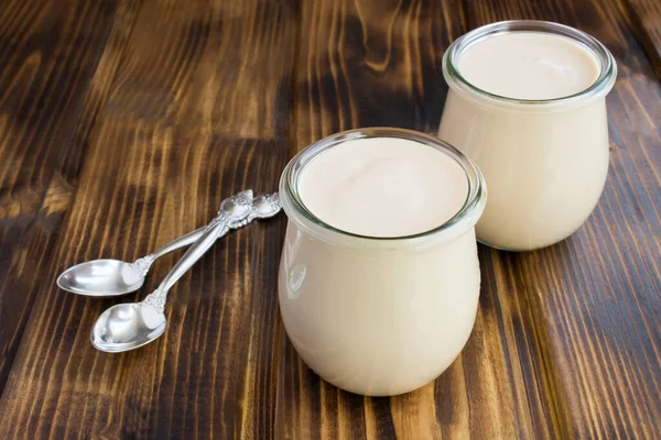 Homemade Ryazhenka Glass Jars Brown Wooden Background Fermented Milk Product — Stock Photo, Image