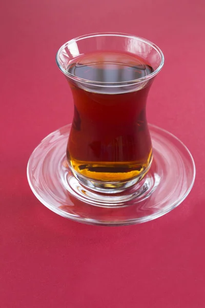 Turkish Tea Glass Red Background Closeup — Stock Photo, Image