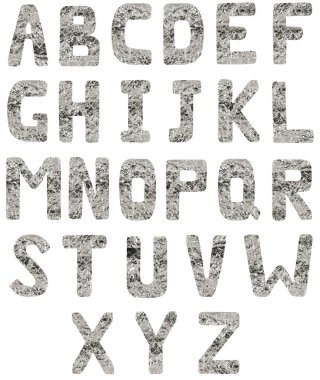 Beyaz bir arka planda, buruşmuş titanyum folyodan yapılmış bir yazı tipi İngilizce veya Latin alfabesi.