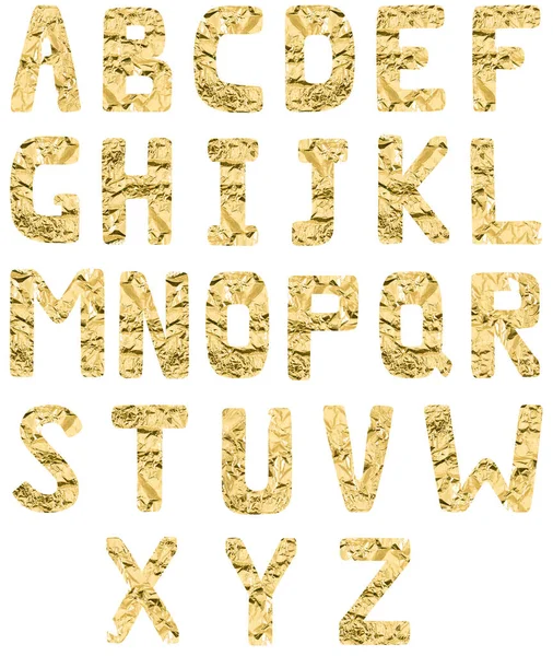Conjunto aislado de letras alfabeto inglés o latino A-Z hecho de lámina dorada arrugada sobre fondo blanco —  Fotos de Stock
