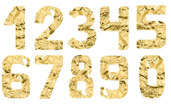 Izolált betűtípus set of numbers 0-9 from zero to nine made of crumpled golden foil on white background — Stock Fotó