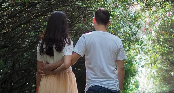 Back view of a couple holding each other and contemplating a landscape in the park