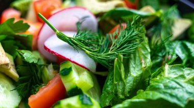 Sağlıklı salata, yaprakları karışımı salata. gıda arka plan, yakın çekim, beyaz arka plan, seçilen odak, afiş