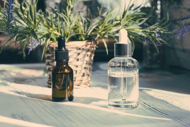 Kahverengi, damlalıklı berrak gözlükler, koyu arka planda organik yeşil yapraklar. Bitkisel ekstresi ile serum veya uçucu yağ