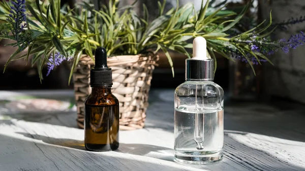 Kahverengi, damlalıklı berrak gözlükler, koyu arka planda organik yeşil yapraklar. Bitkisel ekstresi ile serum veya uçucu yağ