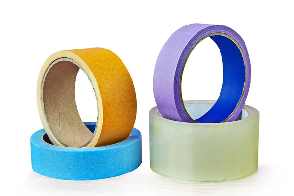 Four Rolls Adhesive Tape Different Colors Different Purposes Isolated White — Stock Photo, Image