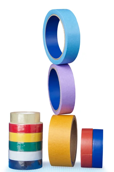 Multicolored Rolls Sticky Tape Isolated White Background Saved Clipping Path — Stock Photo, Image