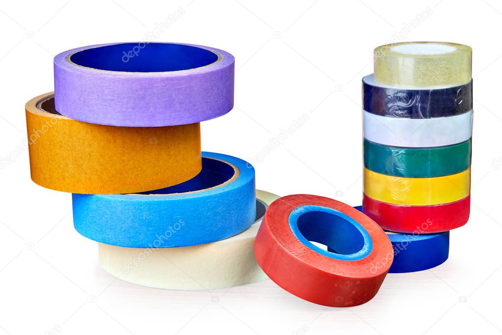 Two stacks of colorful rolls of duct tape isolated on white background, with saved path.