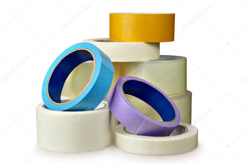 Transparent packing tape and colored masking tape isolated on white background, with saved clipping path.