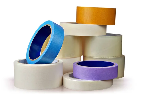 Lot Rolls Sticky Tape Stacked White Background — Stock Photo, Image