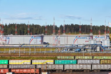 St. Petersburg, Rusya - 7 Ağustos 2018: Petrol tankları Transneft Ust-Luga Port Saint Petersburg yakınındaki bir genel görünümü.