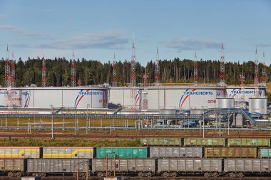 St. Petersburg, Rusya - 7 Ağustos 2018: Ticari kargo liman, Ust-Luga, demiryolu ve toplu bitki Petrol deposu, depolama petrol ürünü için terminal bir görünüm.