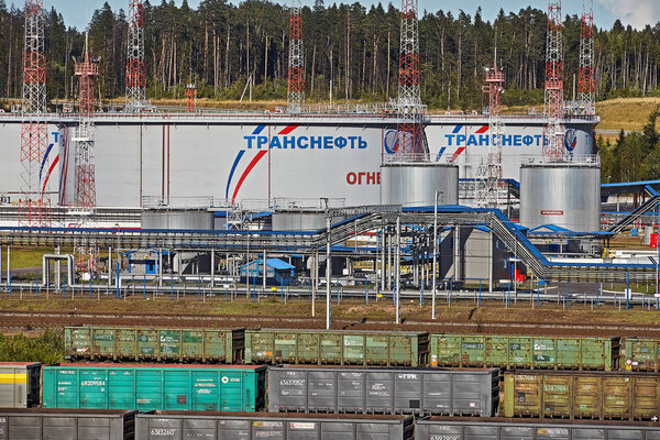 St. Petersburg, Russia - August 7, 2018: Transneft Ust-Luga Port, petroleum storage tank of Russian oil pipeline.