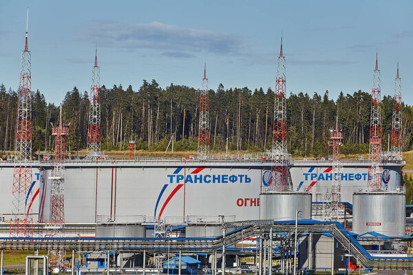 St. Petersburg, Russia - August 7, 2018: Tank farm of oil depot in port, Ust-Luga petroleum terminal.