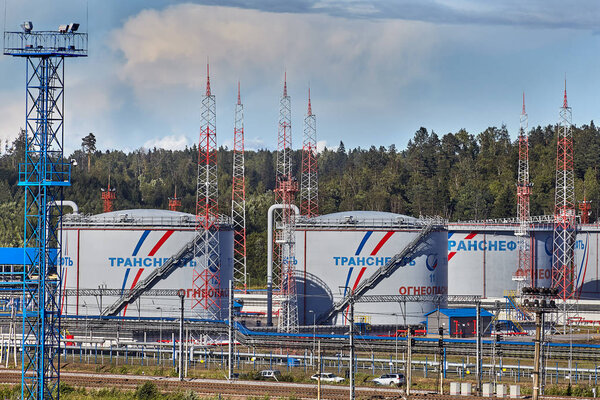St. Petersburg, Russia - August 7, 2018: Oil storage terminal, tank farm of Ust-Luga petroleum depot.