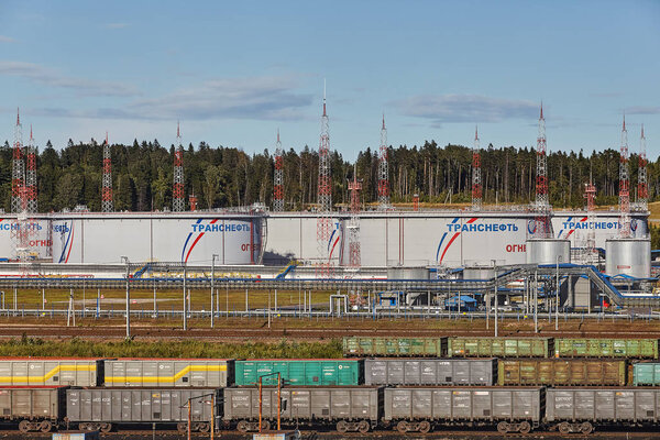 St. Petersburg, Russia - August 7, 2018: Commercial cargo port of Ust-Luga, a view of the railway, and bulk plant petroleum depot, storage terminal for oil product.