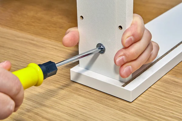 Flat Pack Furniture Assembly Assembler Tightens Cam Lock Nut Hand — Stock Photo, Image