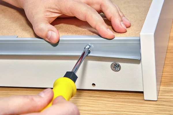 Installation Furniture Screwing Screw Bolt Using Hand Screwdriver Close — Stock Photo, Image