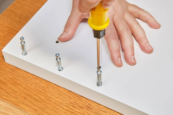 Hands Joiner Screwing Furniture Joint Connector Bolts Furniture Assembly Flatpack — Stock Photo, Image