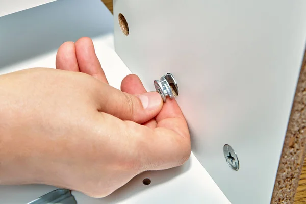 Joiner Putting Together Self Assembly Furniture Home Hands Close — Stock Photo, Image